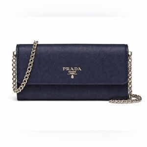 Prada Wallet on Chain Saffiano Leather Navy Blue Crossbody Clutch